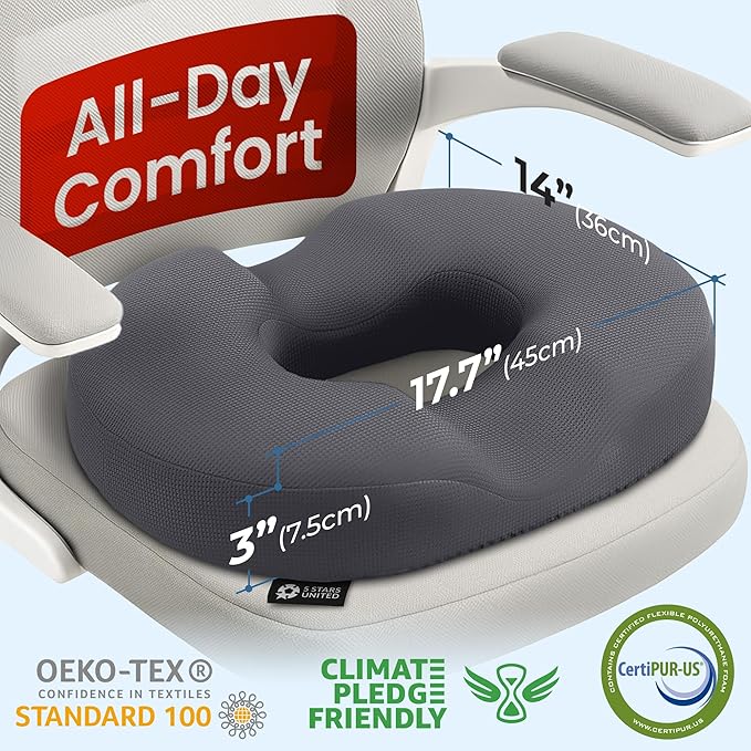 5 STARS UNITED Donut Pillow Hemorrhoid Tailbone Cushion – Large Cushion for Pain Relief – Coccyx, Prostate, Sciatica, Pelvic Floor, Pressure Sores, Pregnancy, Postpartum Recovery, Dark Gray