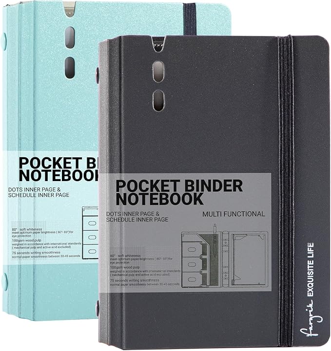 CAGIE A7 Binder 6 Ring Notebook with Dividers Refillable Planner Binder with Pockets, Refill Paper Include Planning Square Ruled and Dotted Pages (Grey and Blue, 2 Pcs A7 Hourly&Dot Page)