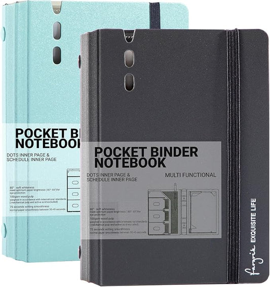 CAGIE A7 Binder 6 Ring Notebook with Dividers Refillable Planner Binder with Pockets, Refill Paper Include Planning Square Ruled and Dotted Pages (Grey and Blue, 2 Pcs A7 Hourly&Dot Page)