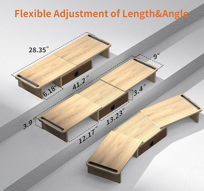 Dual Monitor Stand Riser with Drawer-Adjustable Length and Angle, Monitor Stand Riser for 2 Monitors, Desktop Organizer Stand for Computer/Laptop/PC/Printer (Oak)