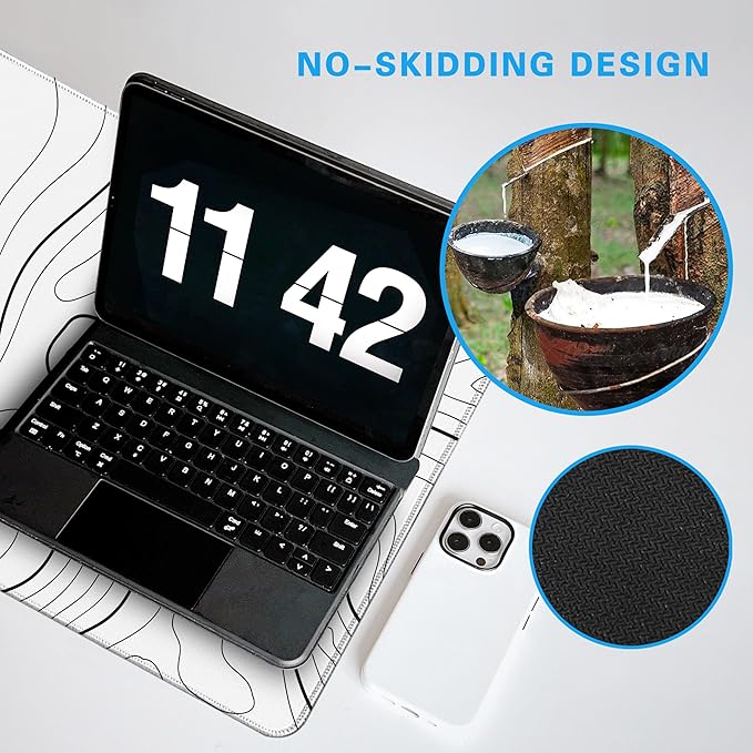 White Minimalist Topographic Map Mouse Pad - Contour Extended Large Stitch Edge Mousepad Black & White Non-Slip Gaming Desk Mat 31.5x11.8inch