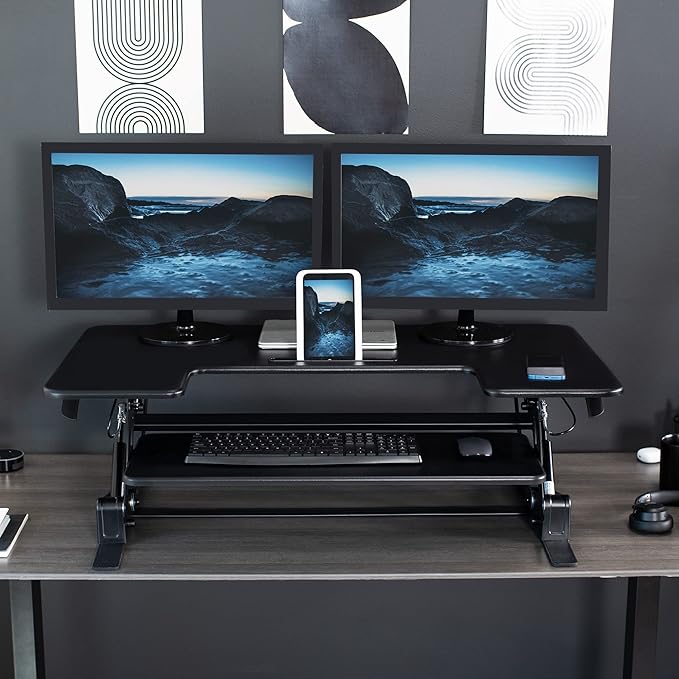 VIVO 42 inch Height Adjustable Stand Up Desk Converter, V Series, Quick Sit to Stand Tabletop Dual Monitor Riser Workstation, Black, DESK-V000VL