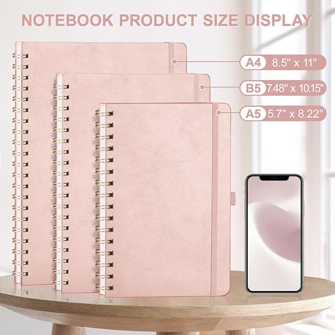 AHGXG Bullet Dotted Journal Spiral Notebook, Hardcover Leather Dotted Notebook 140 Pages, A5 Dot Grid Paper Notebook, 100 gsm Thick Paper, for Bullet Journaling, 5.7" x 8.3", Rose Gold
