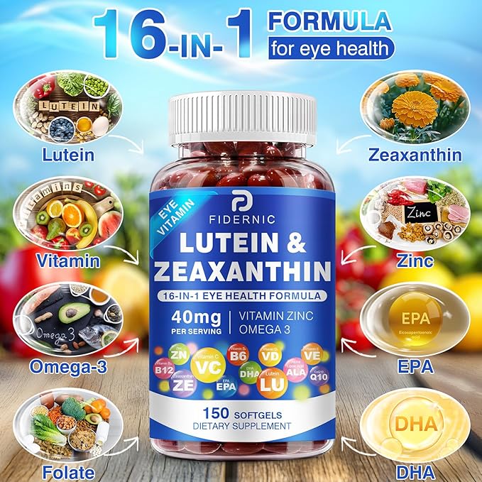Lutein and Zeaxanthin Supplement - Eye Vitamins, 40 mg Lutein & 8 mg Zeaxanthin with Vitamins C, E, Zinc, Omega-3 & CoQ10 for Blue Light Protection, Eye Health Support, Eyebright  - 150 Softgels
