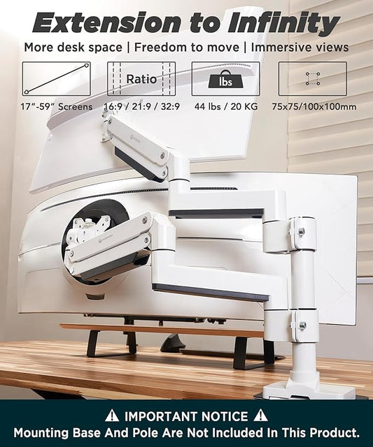 Heavy Duty Extension Arm [Accessory Only - Requires MA20PW-S Single Monitor Arm for Use] Dual 49" Vertical Stacked Monitor Mount Height Adjustable - 100x100 VESA Mount, White, MA20PW-A