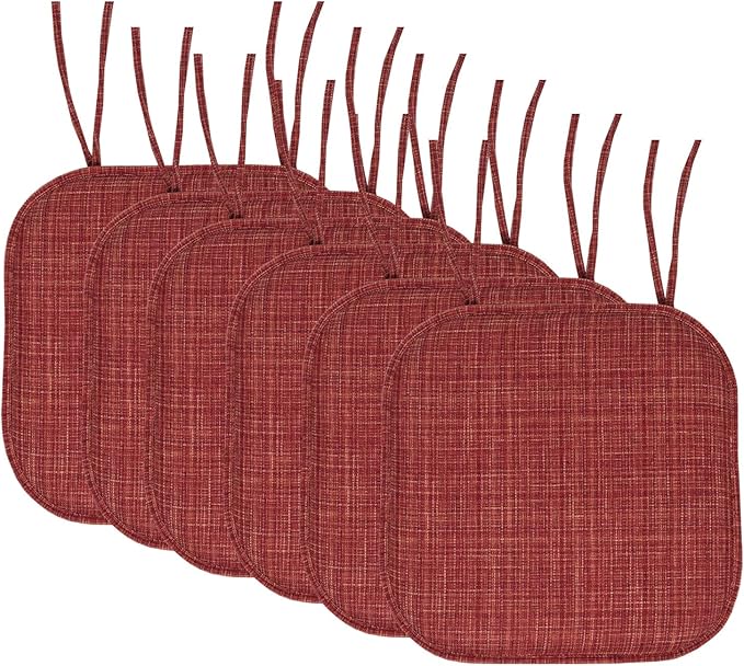 Sweet Home Collection Chair Cushion Memory Foam Pads with Ties Honeycomb Pattern Slip Non Skid Rubber Back Rounded Square 16" x 16" Seat Cover, 6 Pack, Aria Burgundy