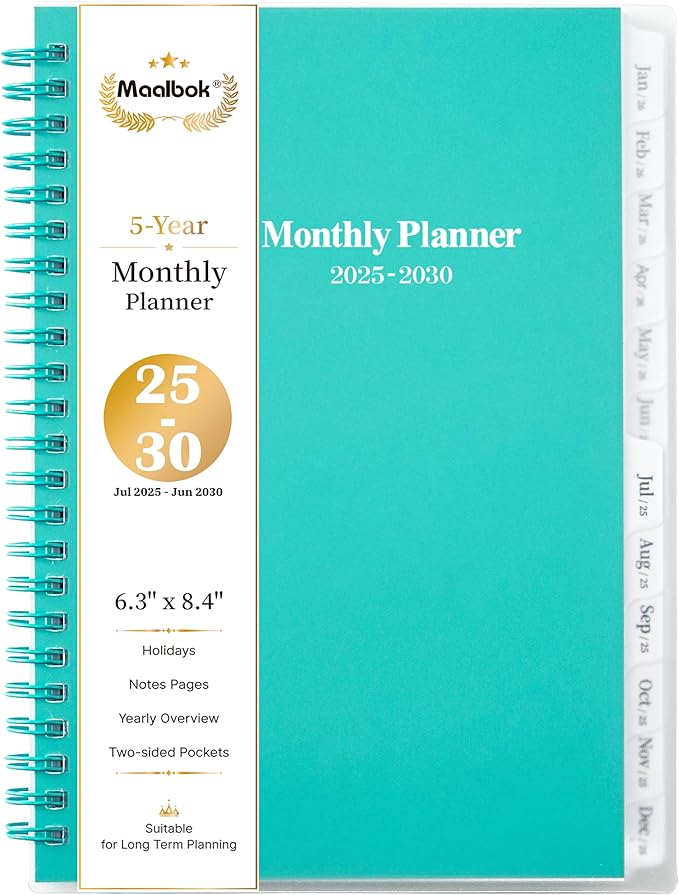 2025-2030 Monthly Planner/Calendar - Jul 2025 - Jun 2030, 5 Year Planner with Tabs, 6.4" x 8.5", 60 Monthly Calendar, Two-Side Pocket, 9 Notes Pages, Suitable for Long-Term Planning - Green