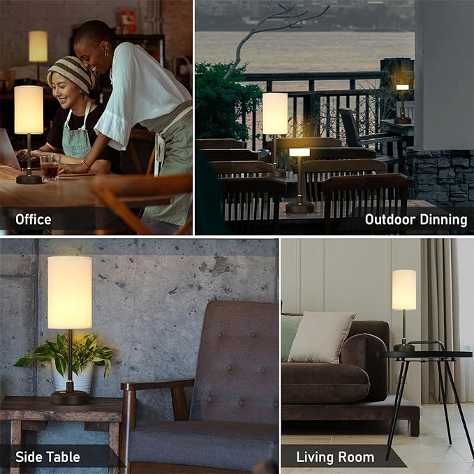 Small Cordless Touch Lamps for Nightstand Lamp Battery Operated Rechargeable Lamp, Portable 3 Colors Stepless Dimmable Fabric Shade Night Light for Restaurant/Bedroom/Outdoor (White+Black)