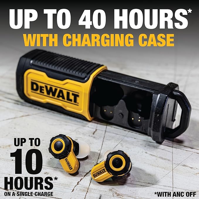 DEWALT Heavy Duty Bluetooth Jobsite Pro X2 ANC True Wireless Earbuds, Active Noise Cancelling Work Earbuds, Turn Dial Controls, 10Hr Runtime (40+ w/Case), 4 EQ Modes, IP54