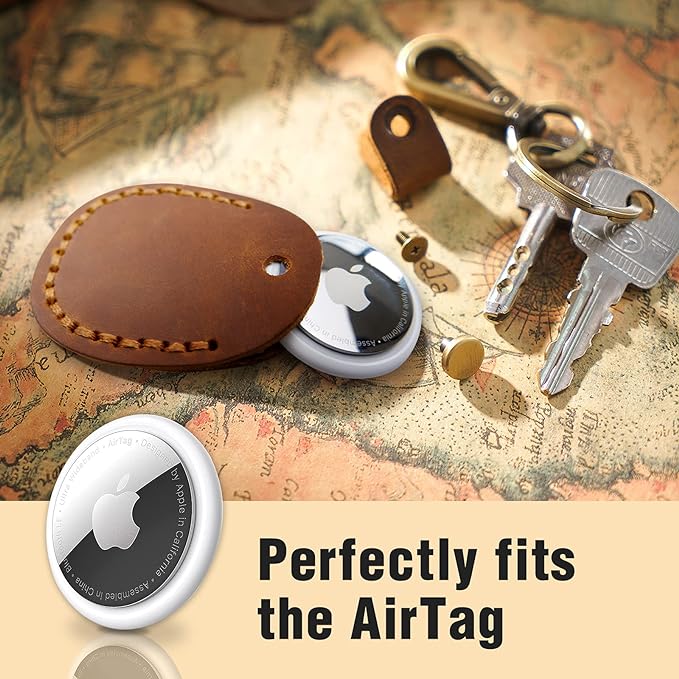 Leather Airtag Holder [ 4 Pack ] with Keychain, Portable Handmade Genuine Leather Air Tag Holder with Keyring Protective Airtag Case Cover Accessories Colorfully 4 Pack
