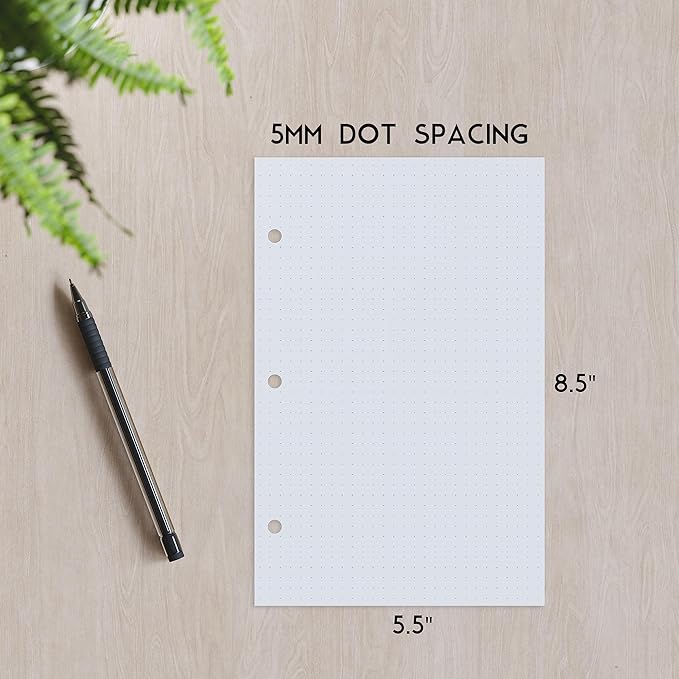 Half Letter 3-Hole Punched Dot Grid Paper, 200 Sheets, 120 GSM, 5.5 x 8.5 inch, Dotted Paper Planner Refill Inserts for Mini-Binders and 3-Ring Half Letter Binders