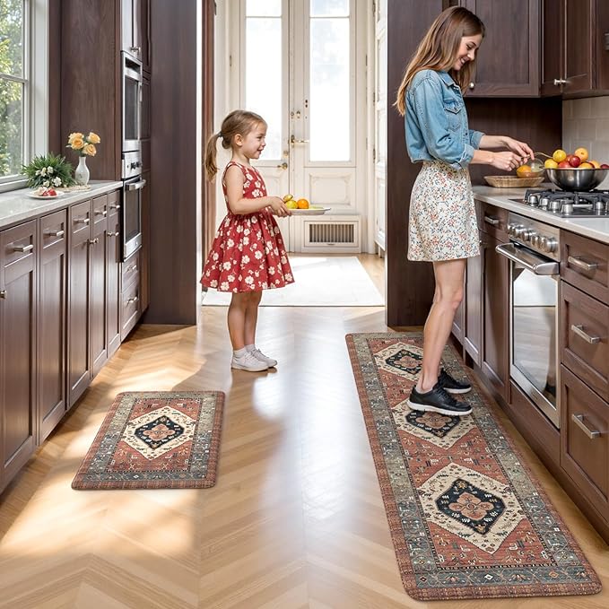 KIMODE Anti Fatigue Kitchen Mats for Floor 2 Piece, Farmhouse Kitchen Rugs, Non Slip Waterproof Kitchen Floor Mats, Memory Foam Standing Mats for Sink Laundry Office Desk Red 20"x71"+20"x32"