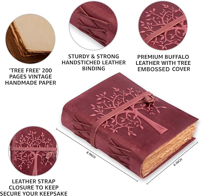 LEATHER VILLAGE Tree of Life Journal - 8"X6" (A5) inches - Fuchsia - 200 Antique Deckle Edge Handmade Paper – Book of Shadows - Vintage Leather Bound Journal for Women & Men