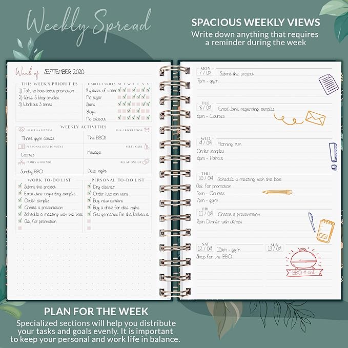 PLANBERRY Weekly Planner Premium – Undated Life Organizer & Budget Planner – Time Management, Goal Setting, To-Do List, Work-Life Balance & Habit Tracker – 6.9″ x 8.5″ (Green Pastures)