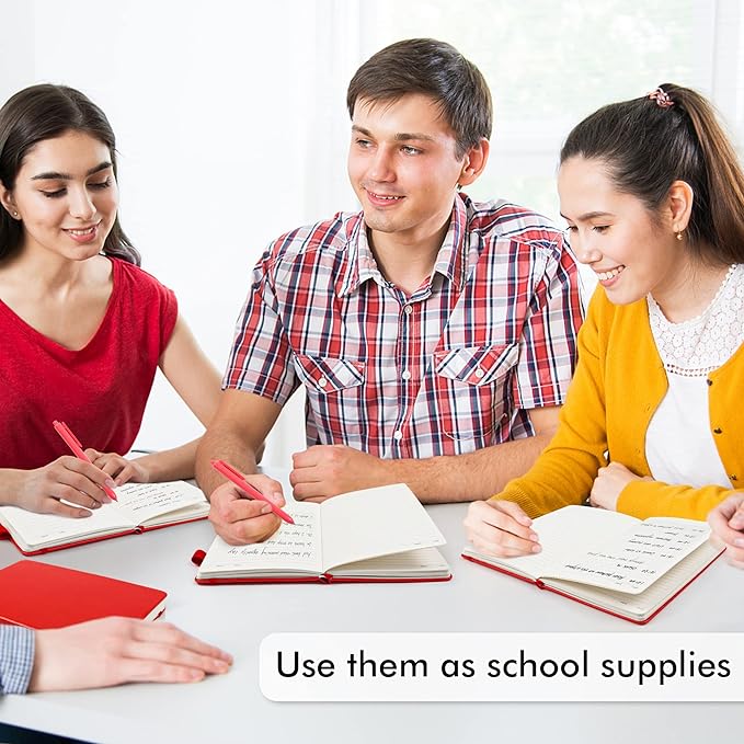 feela 5 Pack Journal Notebook Bulk for School, Hardcover Business Notebooks Classic Ruled Lined Journals with Pen Holder for Work Note Taking, with 5 Black Pens, 120 GSM, 5.1”x8.3”, A5, Red