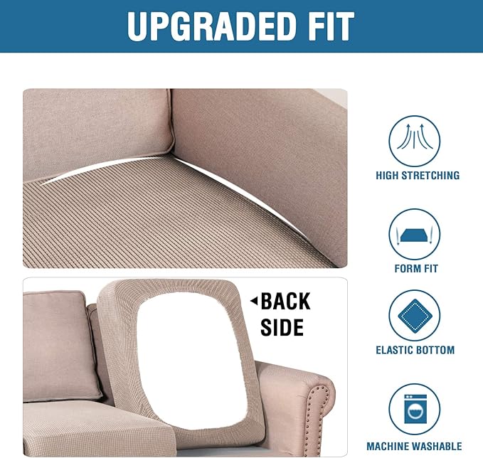 H.VERSAILTEX High Stretch Individual Seat Cushion Covers 3 Pack Thick Jacquard Textured Twill Fabric Sofa Slipcovers for 3 Couch Cushion Washable Couch Cover for Living Room Outdoor Patio,Sand
