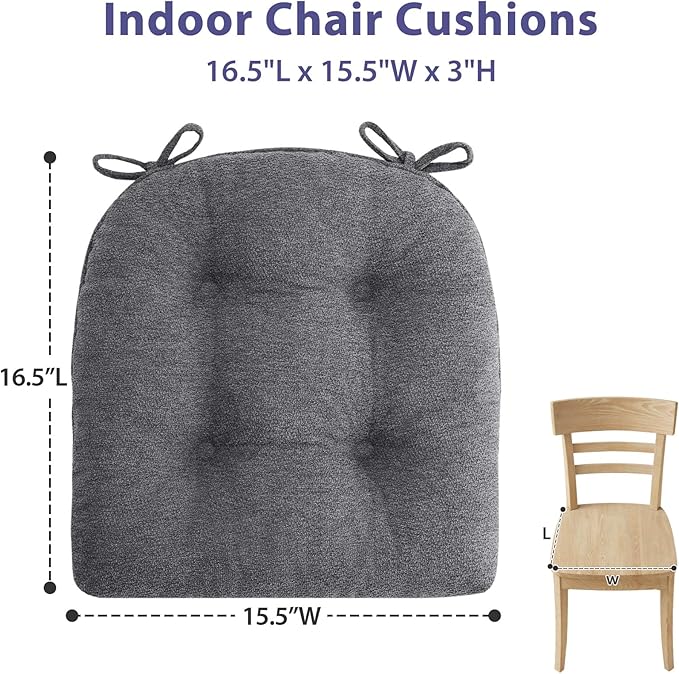 Chair Cushions Set of 6 for Dining Chairs, 16.5"x15.5" Kitchen Chair Pads with Memory Foam, Non-Slip Bottom & Ties, Tufted Indoor Seat Cushions for Home Use – Dark Grey