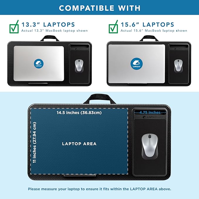 LAPGEAR Home Office Lap Desk with Device Ledge, Mouse Pad, and Phone Holder - Black Carbon - Fits up to 15.6 Inch Laptops - Style No. 91588