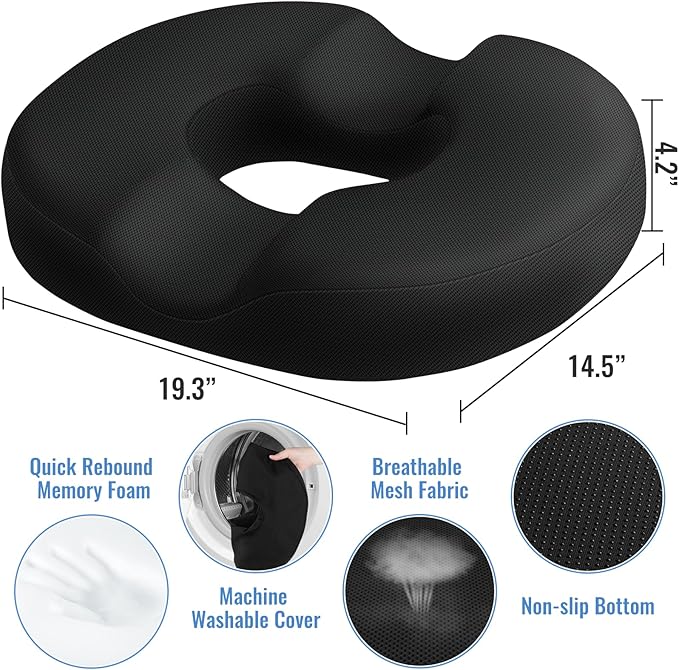 CloudBliss Donut Pillow Seat Cushion Chair Pad for Tailbone Pain Relief and Hemorrhoids, Memory Foam Seat Chair Cushion for Men and Women for Home & Office, (Black-2XL)