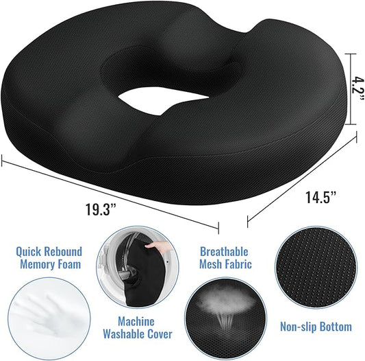CloudBliss Donut Pillow Seat Cushion Chair Pad for Tailbone Pain Relief and Hemorrhoids, Memory Foam Seat Chair Cushion for Men and Women for Home & Office, (Black-2XL)