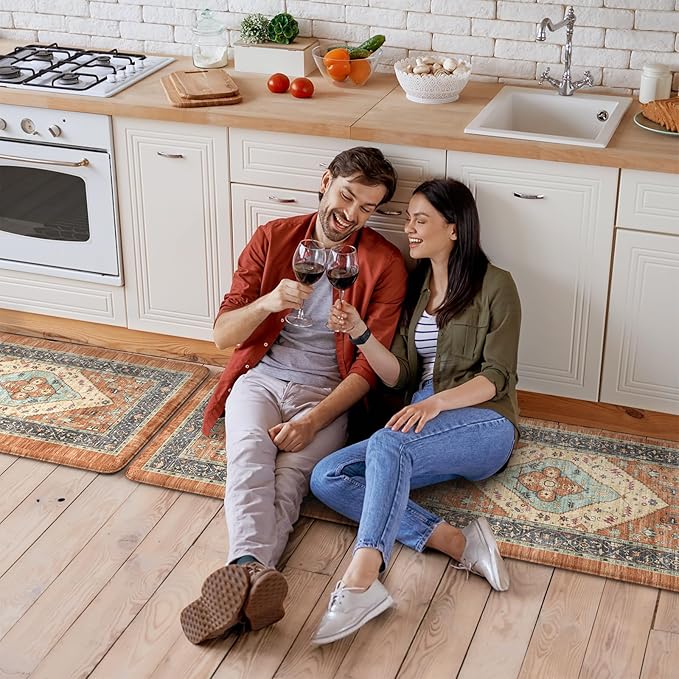 KIMODE Anti Fatigue Kitchen Mat 20"x47"+20"x32", Boho Distressed Kitchen Rugs Sets of 2, Kitchen Mats for Floor Cushioned Non Slip, Comfort Kitchen Floor Mats for Sink, Laundry, Desk Orange