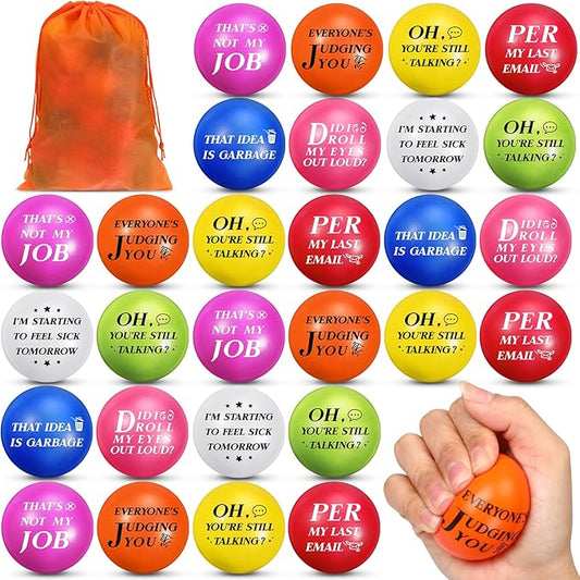 Syhood 48 pcs Funny Sarcastic Stress Balls 1.97 Inch Snarky Quotes Foam Ball Motivational Stress Balls Employees Gift Favor with Drawstring Bag for Adults Coworkers Employees Team