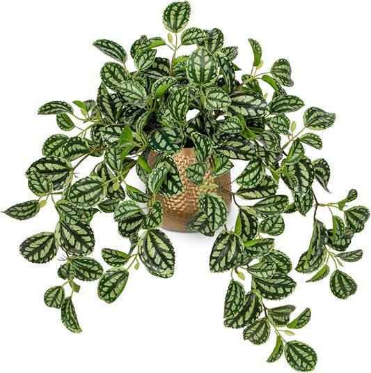 Briful Faux Plants Indoor 17.7in Fake Watermelon Peperomia Plant in Gold Pot with Realistic Silk Green Leaves Artificial Potted Plant for Home Office Table Shelf Desk Modern Room Decor