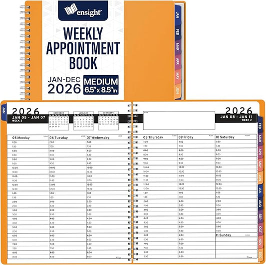 Ensight 2026 Appointment Book & Planner Ensight 6.5 x 8.5 inches Large Tabbed Daily Hourly Weekly Planner Schedule Book 30 Minute time Slots Business & Personal Planner Jan 2026 Dec 2026 Yellow
