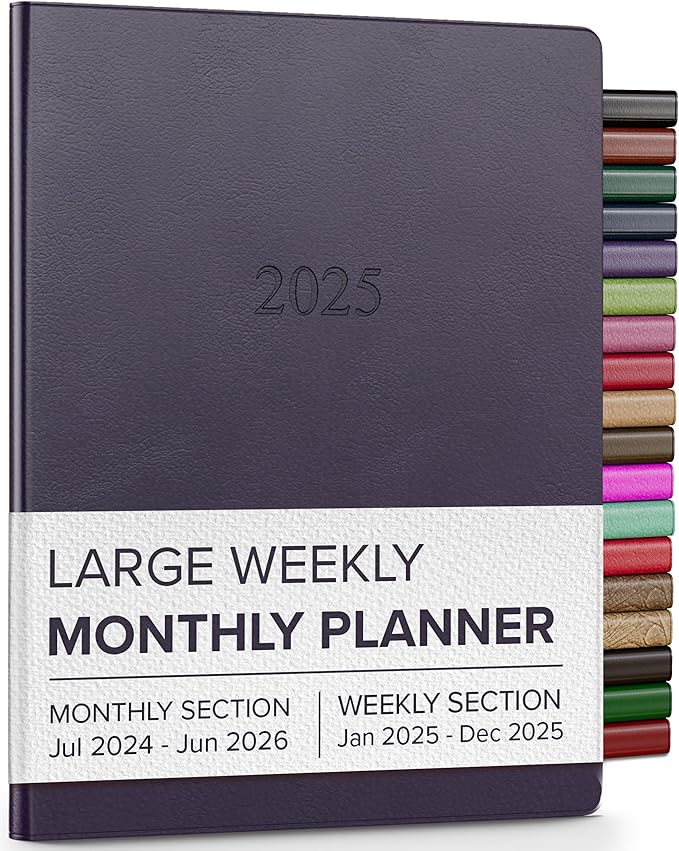 Gallery Leather Large Weekly Monthly Planner 2025, Elegantly Bound Calendar Planner and Notebook with Stylish Gold-Gilded Page Edges, 12 Months - Freeport Metallic Purple - 9.75 x 7.5 "