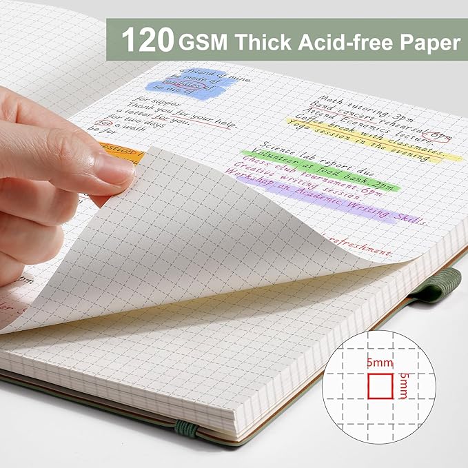 AHGXG Graph Paper Notebook - Grid Notebook Journal, 120 GSM Thick Graph Paper, Large B5 Notebook 96 Pages, Leather Softcover, for Graphing, Writing, Math, Engineering, 7.6'' X 10'' - Sage Green