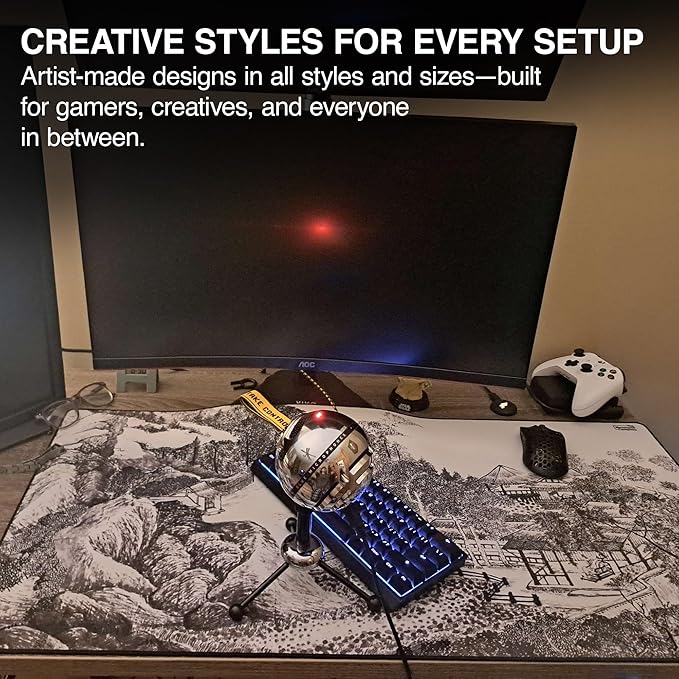 MPCO. Ukiyo-E Large Gaming Desk Pad - 36" x 17" Aeroglyde Fabric Whiling Away Desk Mats - Non-Slip, Washable, Smooth Glide for Precision Gaming & Work