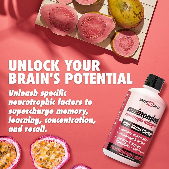 HEALTH DIRECT - AminoMind - Nootropic Collagen Supplement for Brain Health and BDNF - Pro-Hyp & Hyp-Gly Dipeptides, Coffeeberry Antioxidants - Passionfruit Guava - 14 Fl Oz (28 Servings)