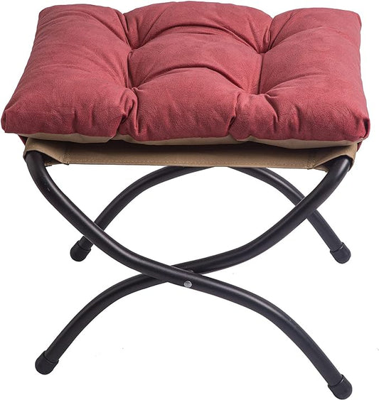 15" Foldable Foot Stool Ottoman with Metal Frame - Washable Red Upholstered Indoor/Outdoor Footrest for Living Room, Bedroom, Patio - Space-Saving Compact Design