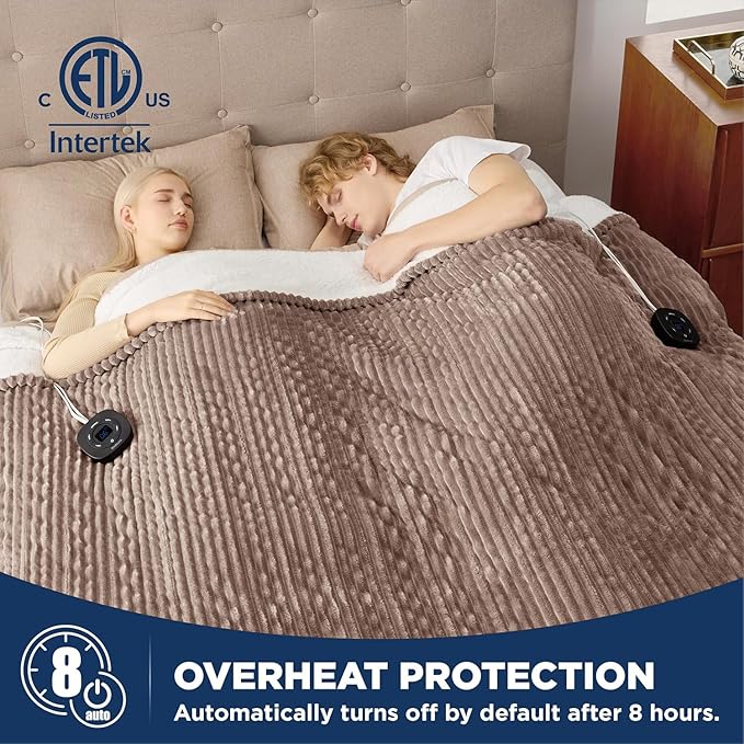 Bedsure GentleSoft Electric Blanket Queen Size - Soft Ribbed Flannel Heated Blanket with Dual Control, Heating with 10 Heat Settings & 10 Time Settings, 8 hrs Timer Auto Shut Off (84x90 inches, Brown)