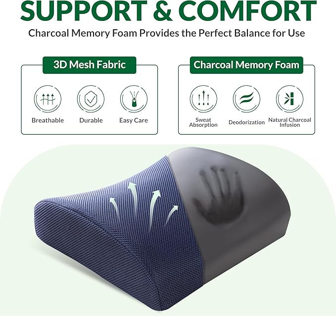 Back Support Pillow for Office Chair and Car Seat,Lumbar Support for Office,Charcoal Memory Foam Back Cushion-Breathable Mesh Cover,Double Adjustable Straps,Dark Blue