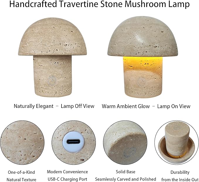 Natural Stone Mushroom Lamp - Handcrafted Travertine Night Light, Rechargeable with Type-C, Dimmable LED Accent Light for Bedroom & Living Room