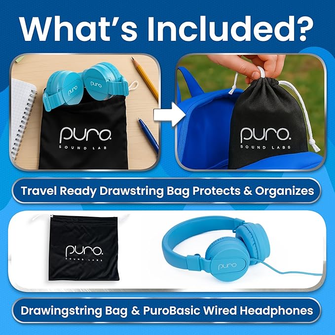 Puro Sound Labs PuroBasic Wired Headphones for Kids - Volume-Limiting & Adjustable with Microphone – Compatible with Smartphones, Tablets, PCs, and More – Safe, Durable Headphones for Kids – Blue
