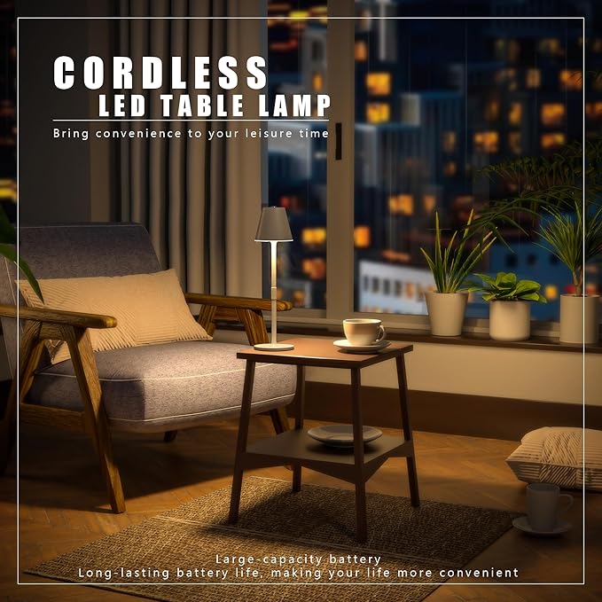 2 Pack LED CordlessTable Lamp,4000mAh Rechargeable Battery Desk lamp,3 Level Brightness Portable Light, Minimalist Design, for Couple Dinner/Coffee Table/Restaurant/Bedroom(White 2pack)