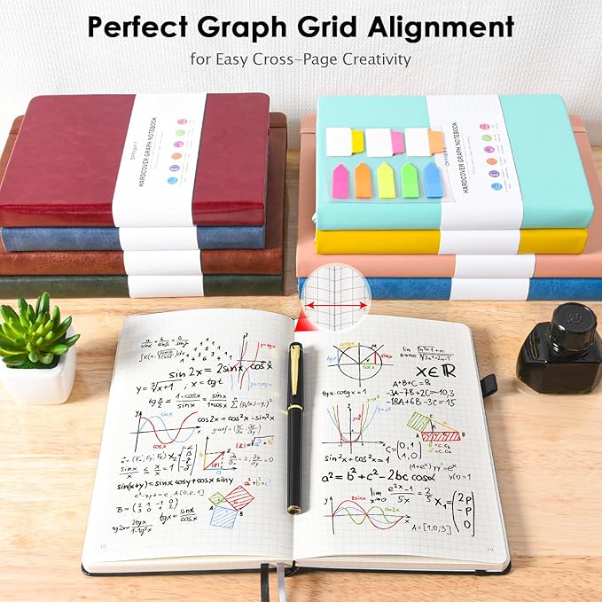 5 Pack Graph Paper Notebook, 312 Numbered Pages Graph Notebook Bulk, 100gsm No Bleed Grid Paper Notebooks for Work, Hardcover Leather Journal, Squared Grid Notebook for Graphing Notes Math, Multicolor