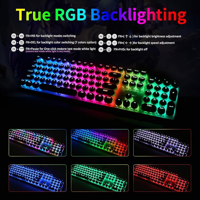 HUO JI E-Yooso Z-88 Wired Typewriter Style Mechanical Gaming Keyboard, Programmable RGB Backlit, Blue Switches - Clicky, USB-C Cable, Metal Panel, 104 Double-Shot Keycaps for PC, White