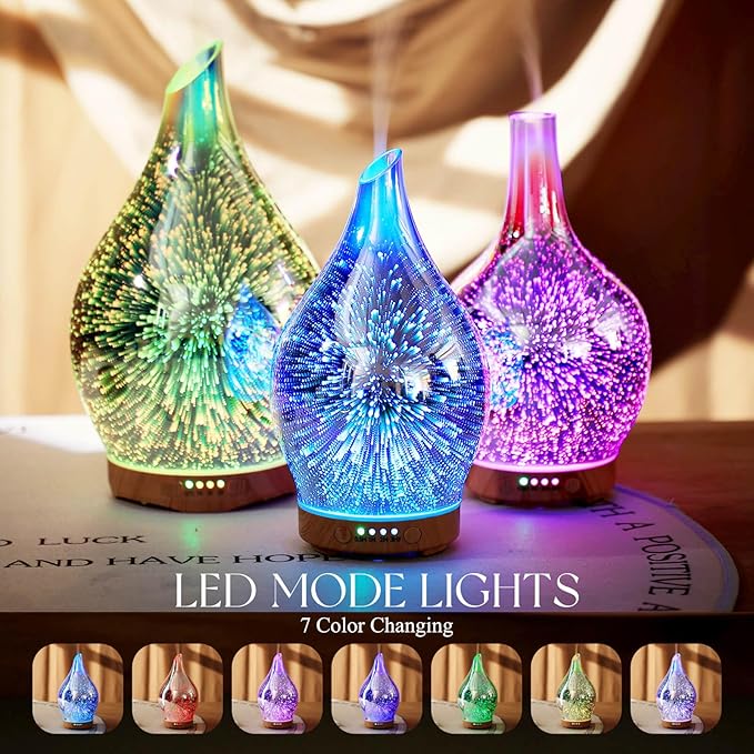 Porseme Oil Diffuser 3D Glass Aromatherapy Ultrasonic Humidifier, Air Refresh Auto Shut-Off, Timer Setting, BPA Free for Home Hotel Yoga Leisure SPA Gift 150ml Last 6H