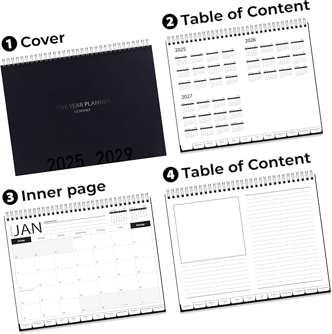 5-Year Calendar Planner, 2025-2029 Monthly Schedule Organizer Flip Calendar Diary with Tabs, Spiral Bound Top, Black, 8 ½” Wide x 11” Long