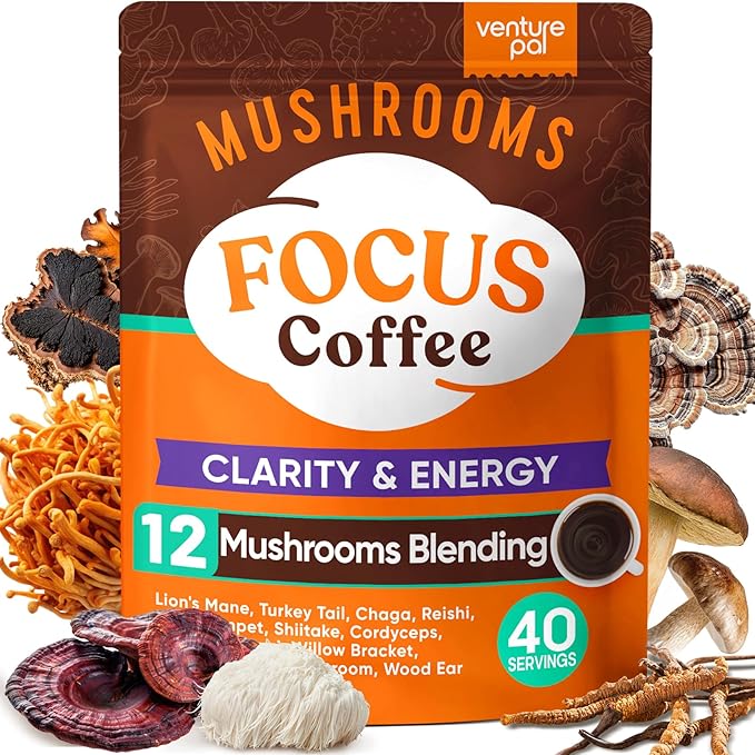 Venture Pal Mushroom Coffee with 12 Adaptogenic Functional Mushrooms with Ashwagandha, Lion's Mane, Chaga and Probiotics, 1200mg Mushrooms Instant Coffee for Focus, Digestion & Immunity - 40 Servings
