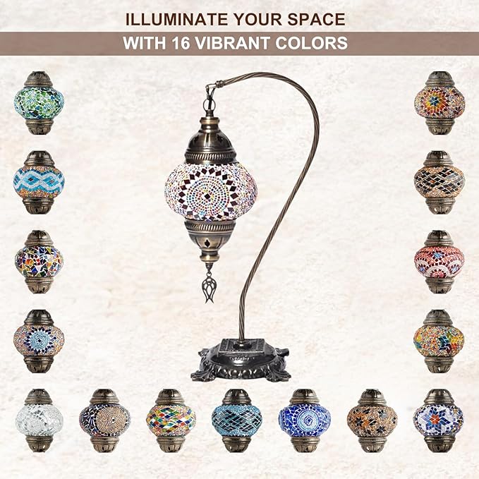 Kafthan Turkish Moroccan Mosaic Lamp – Handmade Glass Swan Neck Bedside Lamp with Antique Brass Base, Ideal Decor for Bedroom, Office, Living Room – Bulb Included (Multicolor Center Circle)