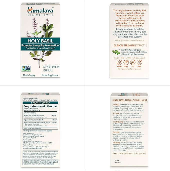 Himalaya Holy Basil, 60 Day Supply - Herbal Adrenal Support for Stress Relief, Relaxation, Energy Support and Occasional Sleeplessness - Vegan, Non-GMO, Gluten Free, 720 mg, 60 Capsules, Pack of 2