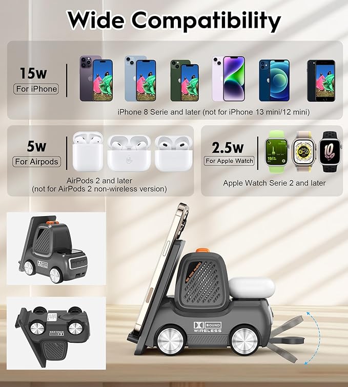 Forklift Wireless Charging Station with Bluetooth Speaker, 4 in 1 Wireless Fast Charger Multiple Devices, Compatible with iPhone16 15 14 13 Pro Max Series, Apple iWatch, Airpods, Android Phones