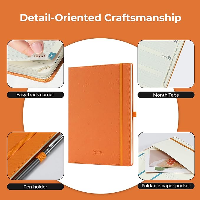 Weekly Monthly 2026 Planner (Jan.26-Dec.26),11.5"x8.5",12 Months Agenda Plan with Month Tabs & Pocket,Expenses/Note Pages, Appointment Book Calendar with Hardcover Vegan Leather Cover,Orange