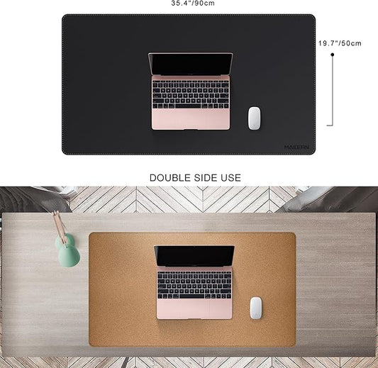 MAIDERN Leather Desk Mat, 35.4” x 19.6” Reversible Large Desk Pad Mat, Cork & Leather Large Mouse pad for Desk, Waterproof Computer Desk Mat for Gaming Home Office (Black)