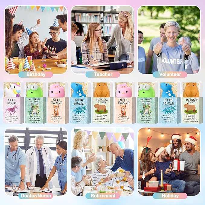 Wettarn 25 Sets Appreciation Gifts Cute Animal Stress Balls with Support Gift Boxes Inspirational Party Favors for Employee Coworker Friends Office Positive Relief Toys