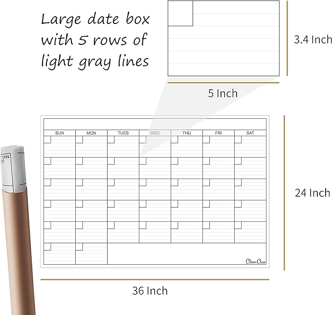 CLEVER CLEAN Large Dry Erase Wall Calendar - 24"x 36" Undated Monthly Calendar for Home, Office, Classroom - Reusable Laminated Task Organizer